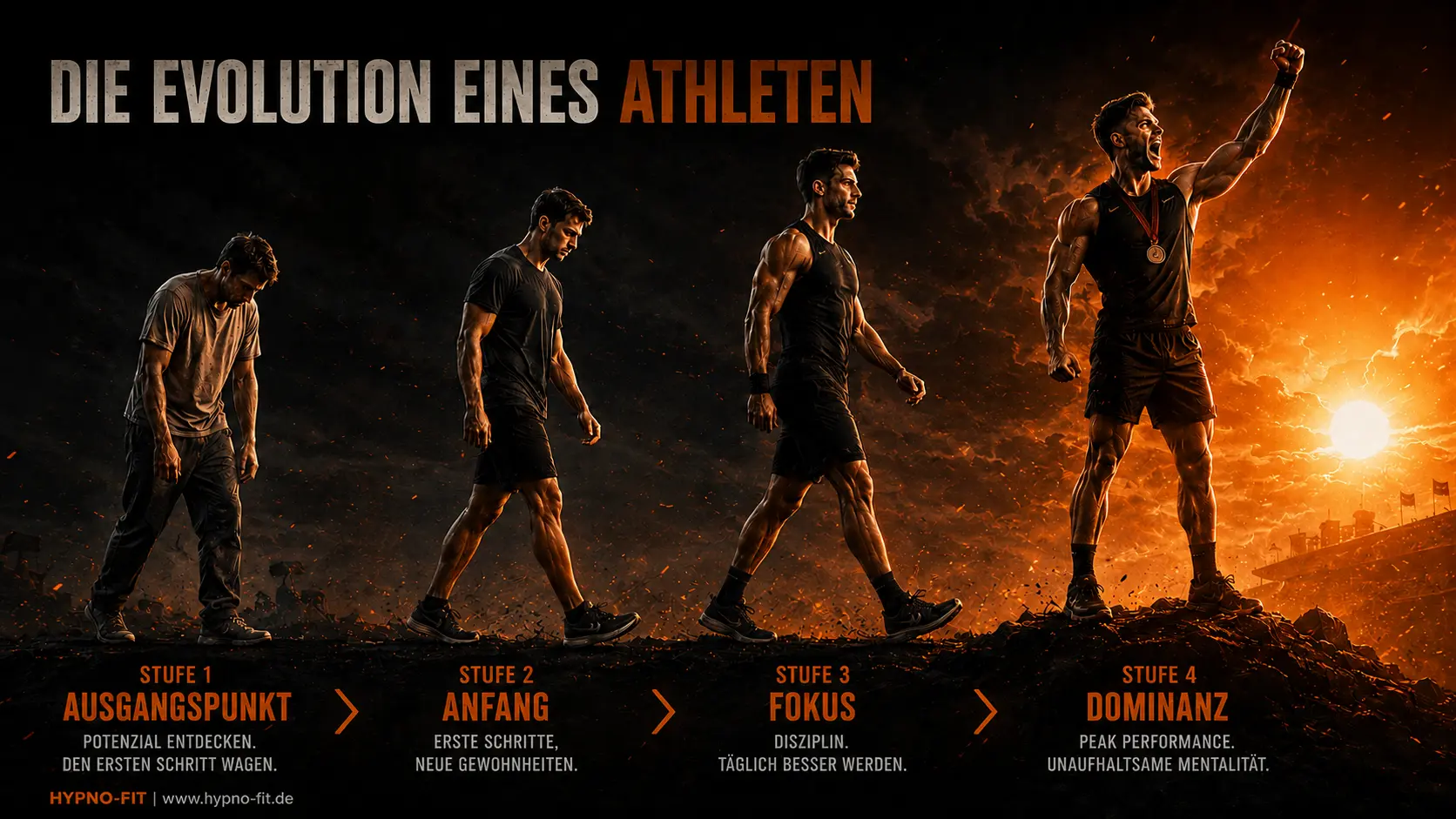 Die Evolution eines Fußballers – HYPNO-FIT Mentaltraining: Stufe 1 Ausgangspunkt, Stufe 2 Anfang, Stufe 3 Fokus, Stufe 4 Dominanz – Peak Performance im Fußball